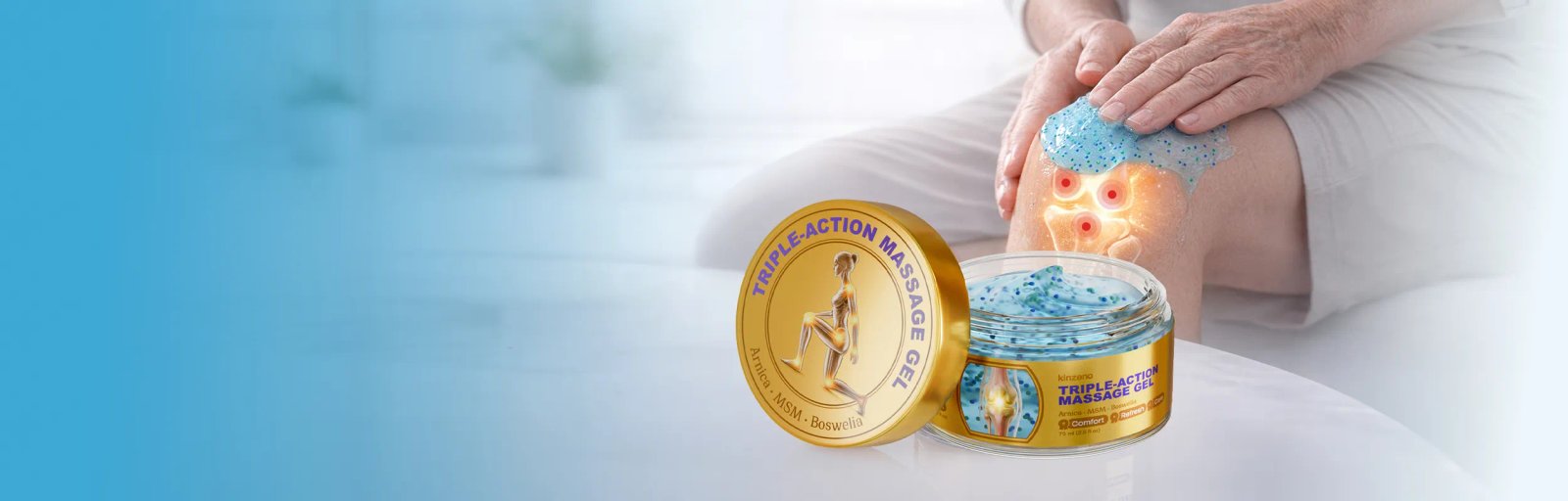 Kinzeno Triple-Action Massage Gel jar with a hand applying gel to a knee