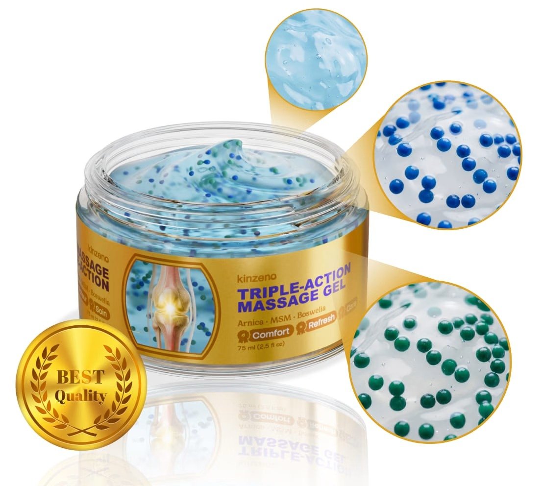 Kinzeno Triple-Action Massage Gel open jar showing the microbubble texture